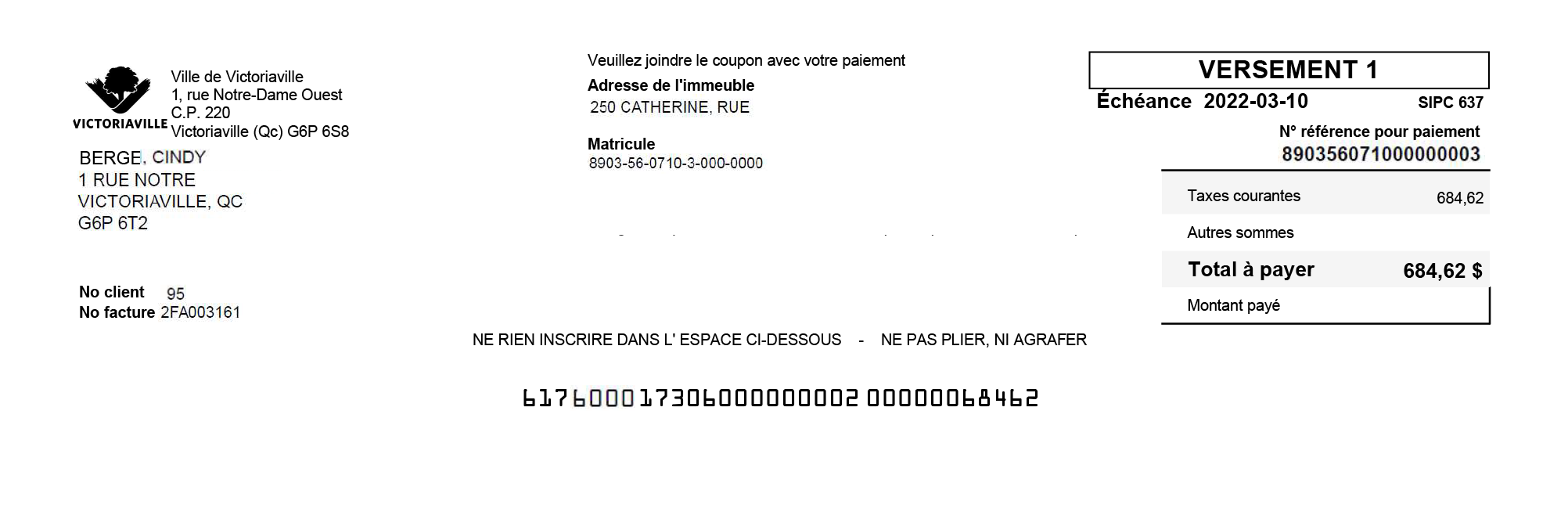 Exemple d'un coupon de paiement (talon de remise pour taxes)