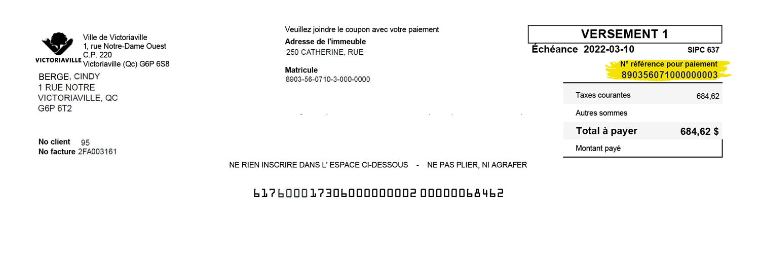 Aperçu du coupon de paiement 2024 (talon de remise). Vous devez toujours entrer le numéro de référence pour paiement, même si certaines institutions financières vous demandent un matricule.